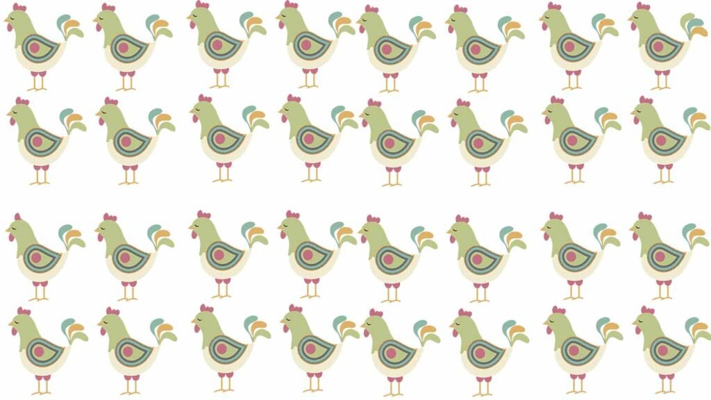 Optical illusion image showing many chickens with a challenge to find two different chickens hidden among them in 15 seconds.