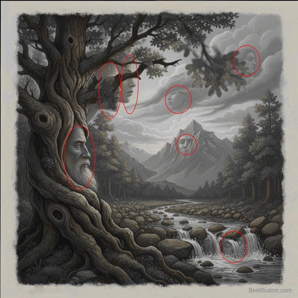 Hidden faces optical illusion artwork showing multiple faces blended into a landscape