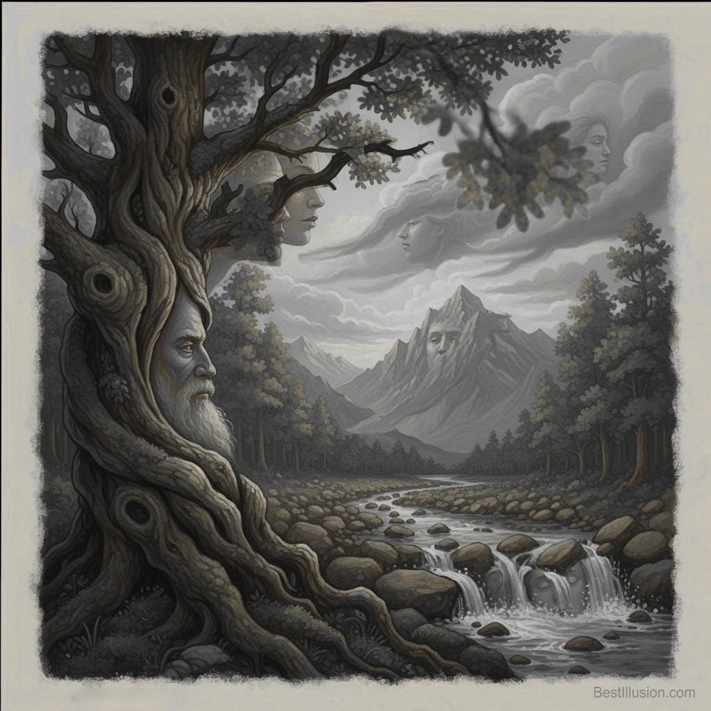 Hidden faces optical illusion artwork showing multiple faces blended into a landscape