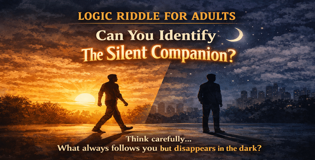 Logic riddle for adults showing a man walking at sunset with a visible shadow and the same man at night without a shadow, symbolizing the silent companion riddle.