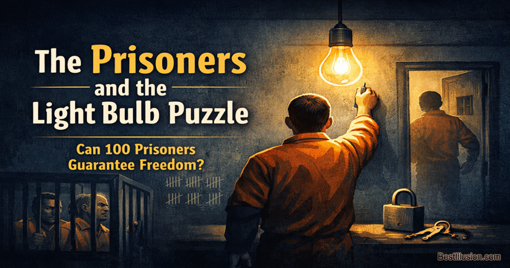 Illustration of the Prisoners and the Light Bulb puzzle showing a prisoner switching a glowing bulb while others watch from cells, representing the puzzle's solution.