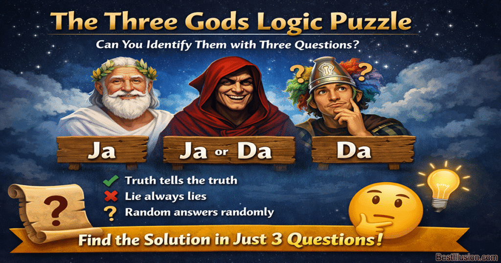 Diagram showing three gods labeled Truth, Lie, and Random with yes/no logic arrows