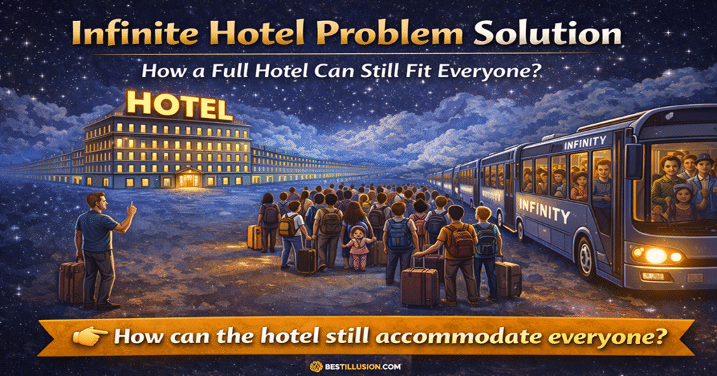 Illustration showing an infinite hotel with numbered rooms extending endlessly