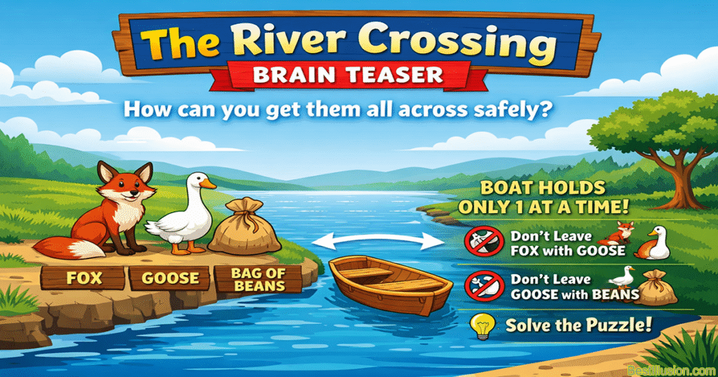 Fox, goose, and beans river crossing logic puzzle illustration