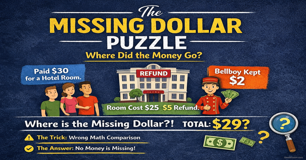 Illustration explaining the Missing Dollar Puzzle showing hotel guests, a refund, and the bellboy keeping money.