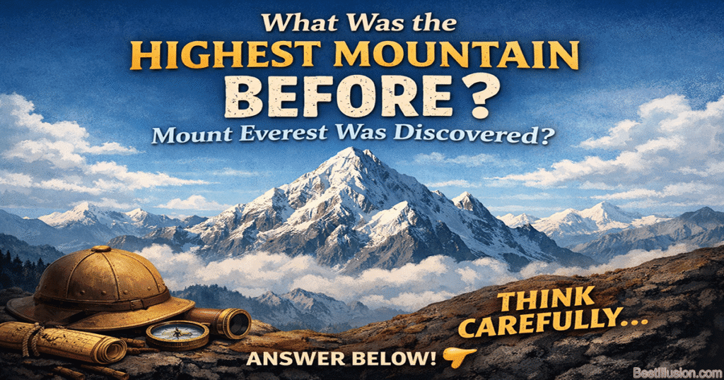 Highest mountain before Mount Everest was discovered riddle Pinterest image with snowy mountain and question text