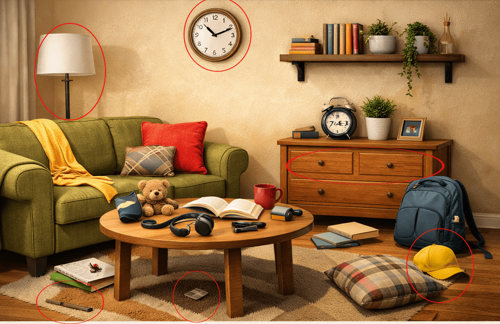 room memory challenge before and after images find what disappeared from living room puzzle