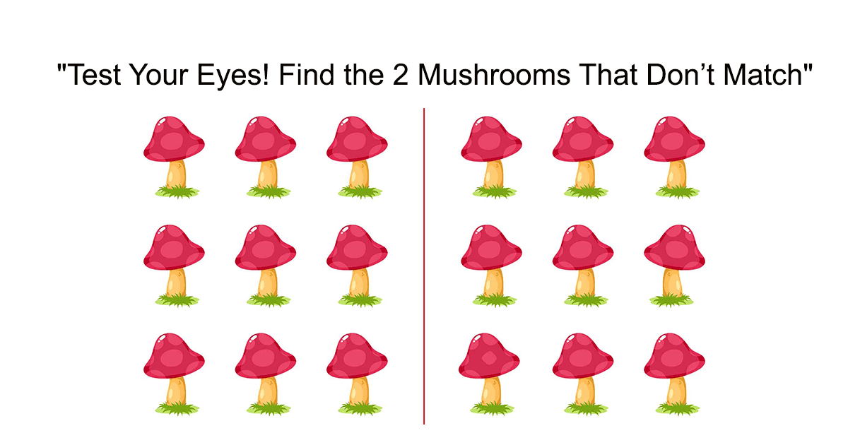 Optical illusion puzzle showing two different mushrooms for a 12-second spot-the-difference challenge.