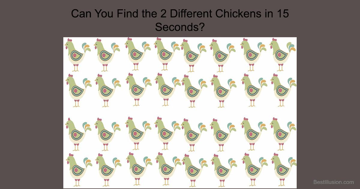 "Optical illusion image showing many chickens with a challenge to find two different chickens hidden among them in 15 seconds.