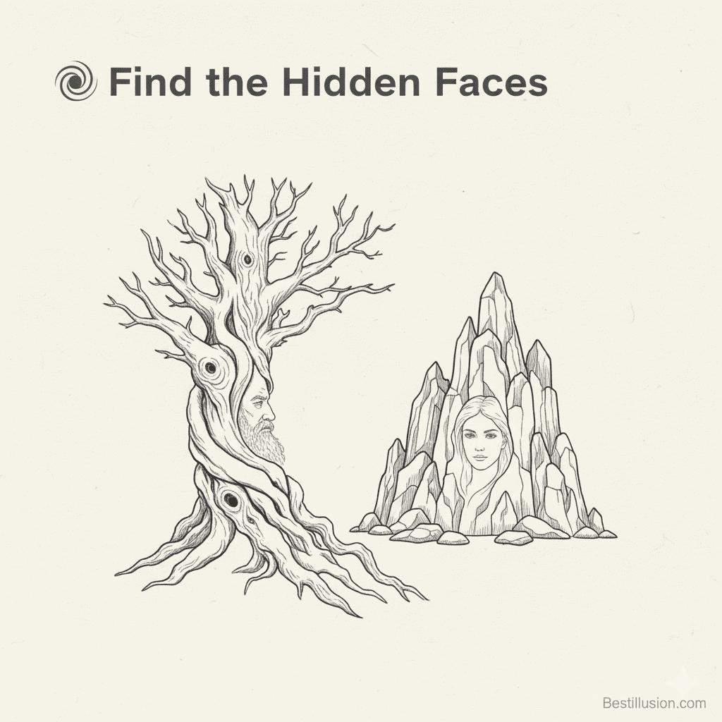 Hidden faces optical illusion artwork showing multiple faces blended into a landscape