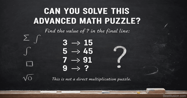 Advanced math logic puzzle showing number pattern 3 to 15, 5 to 45, 7 to 91, and 9 to a missing value on a chalkboard