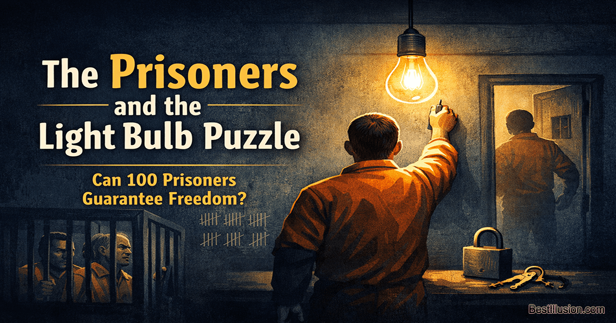 Illustration of the Prisoners and the Light Bulb puzzle showing a prisoner switching a glowing bulb while others watch from cells, representing the puzzle's solution.