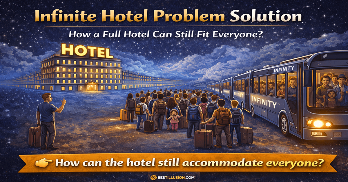Illustration showing an infinite hotel with numbered rooms extending endlessly