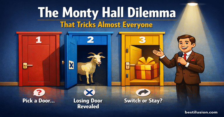 Illustration of the Monty Hall Dilemma showing three doors and one prize
