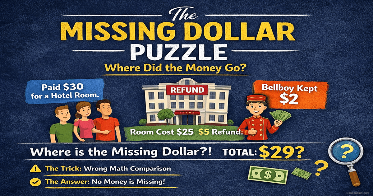 Illustration explaining the Missing Dollar Puzzle showing hotel guests, a refund, and the bellboy keeping money.