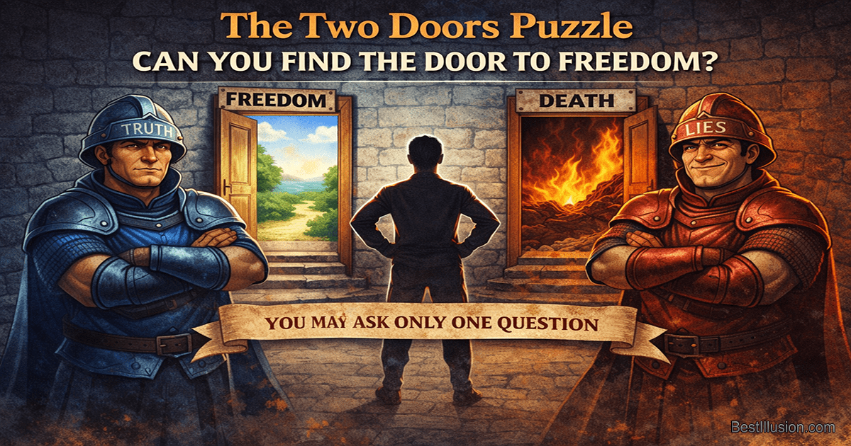 Illustration of the Two Doors Puzzle with two guards representing truth and lies