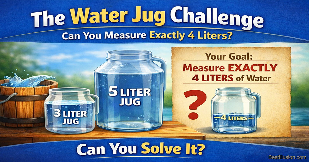 Water Jug Challenge puzzle showing 3-liter and 5-liter jugs used to measure exactly 4 liters